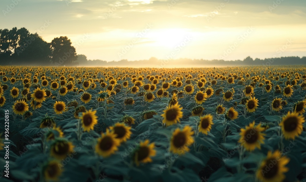 Obraz premium Sunflower field at dawn