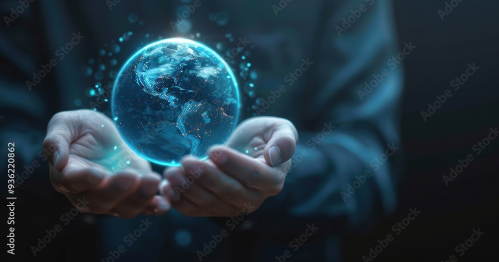 Hands holding a glowing Earth hologram, a digital world concept background with a copy space area for text and design Generative AI Hands holding a glowing Earth hologram, a digital world concept background with a copy space area for text and design Generative AI