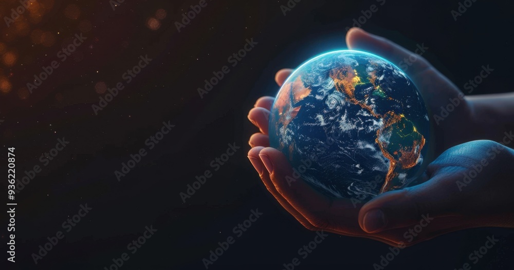Hands holding a glowing Earth hologram, a digital world concept background with a copy space area for text and design Generative AI Hands holding a glowing Earth hologram, a digital world concept background with a copy space area for text and design Generative AI