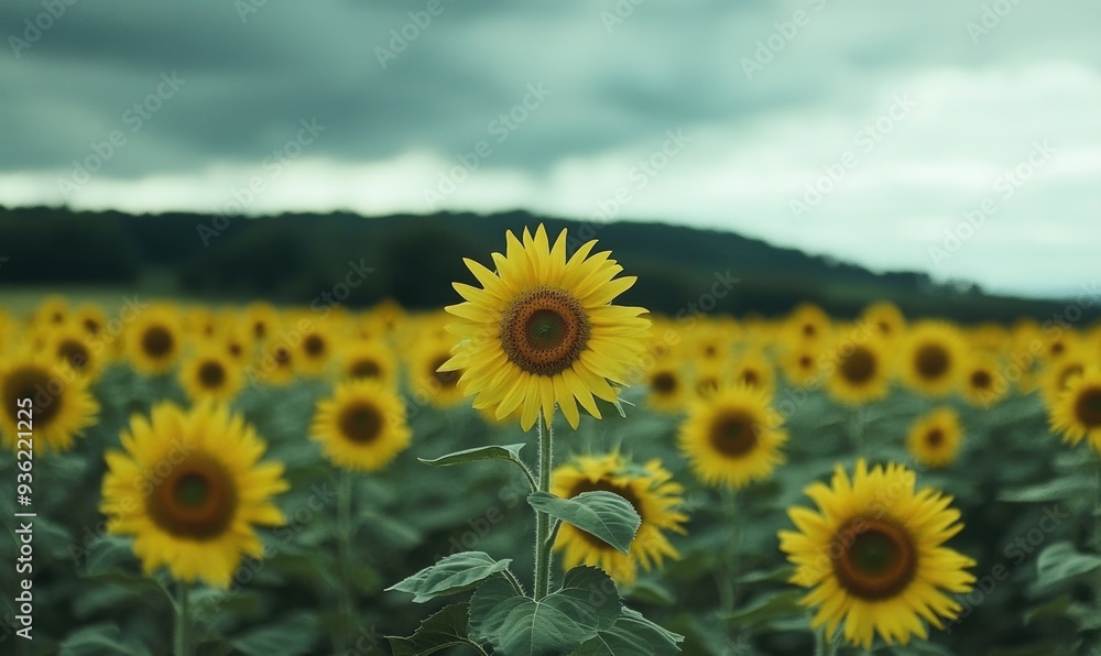 Fototapeta premium Sunflower field under cloudy sky