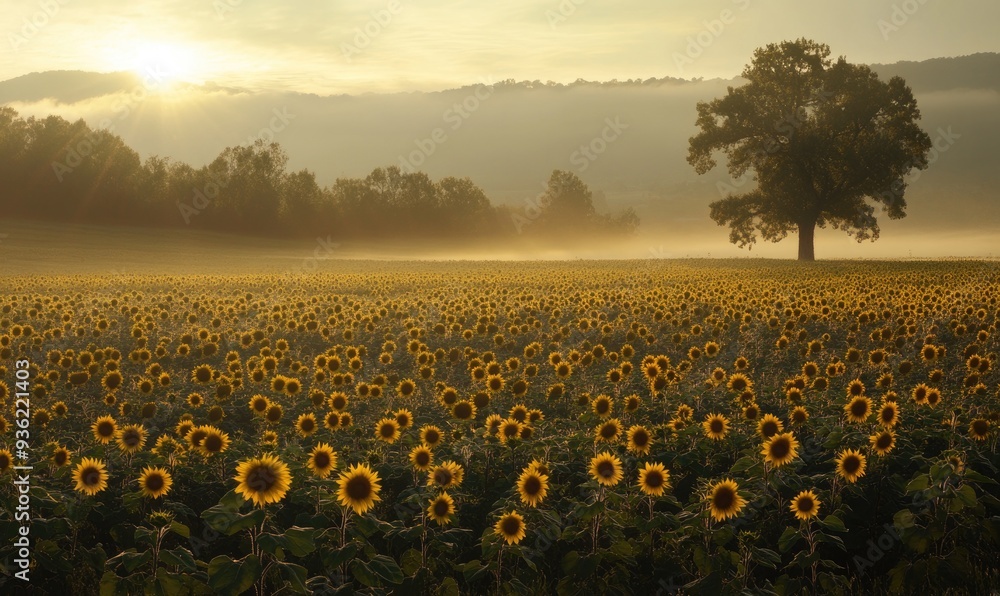 Obraz premium Sunrise illuminating sunflower fields