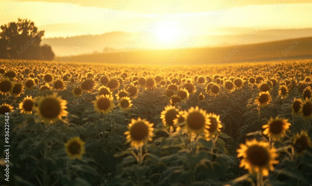 Fototapeta premium Sunrise illuminating sunflower fields