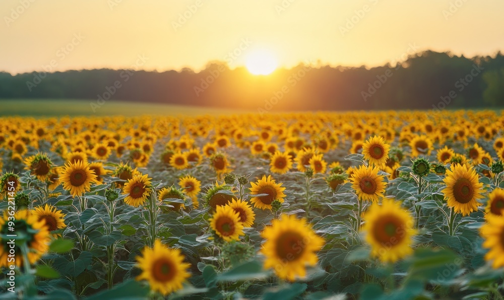 Obraz premium Sunrise over sunflower field, warm glow
