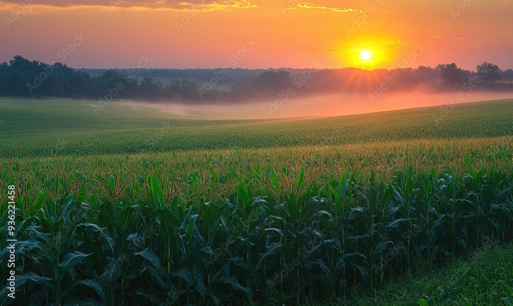 Sunrise over cornfield, warm glow, misty horizon Sunrise over cornfield, warm glow, misty horizon