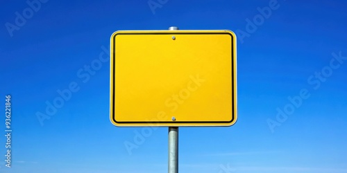 Bright yellow sign against a clear blue sky , symbol, contrast, communication, warning, attention, outdoor, signage, information