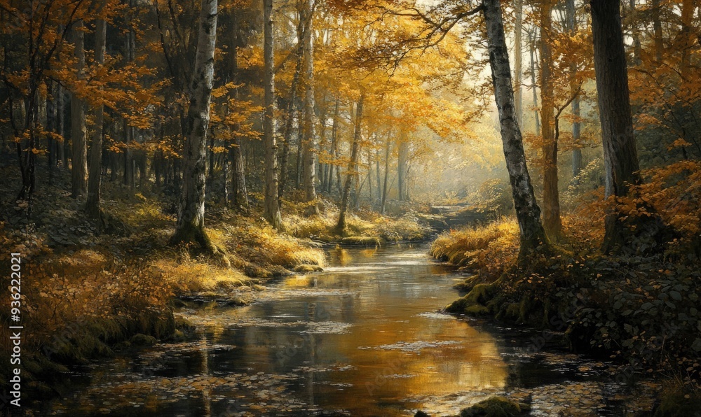 Tranquil autumn landscape, dense woods, vibrant foliage Tranquil autumn landscape, dense woods, vibrant foliage