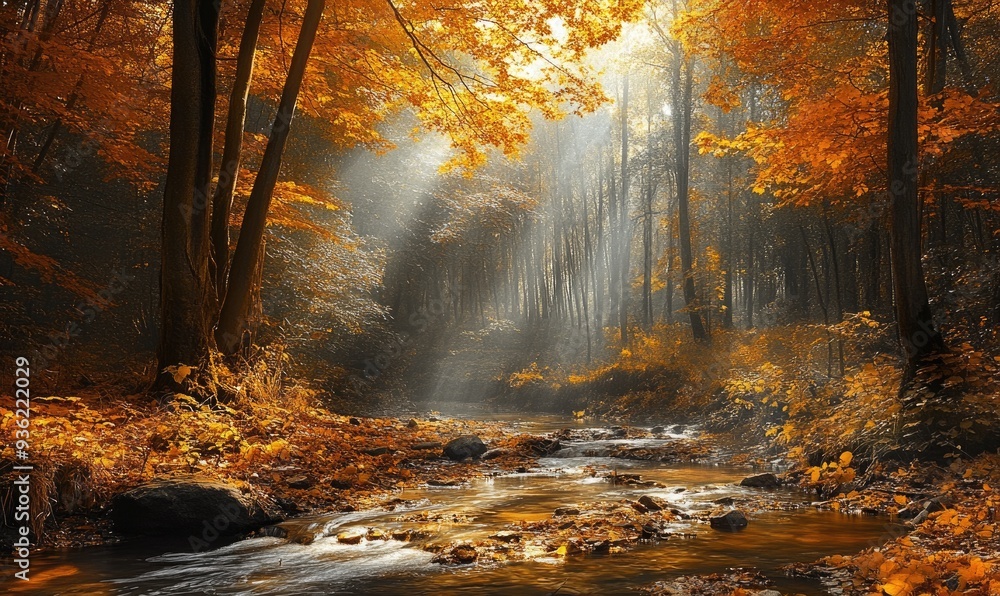 Fototapeta premium Tranquil autumn landscape, dense woods, vibrant foliage