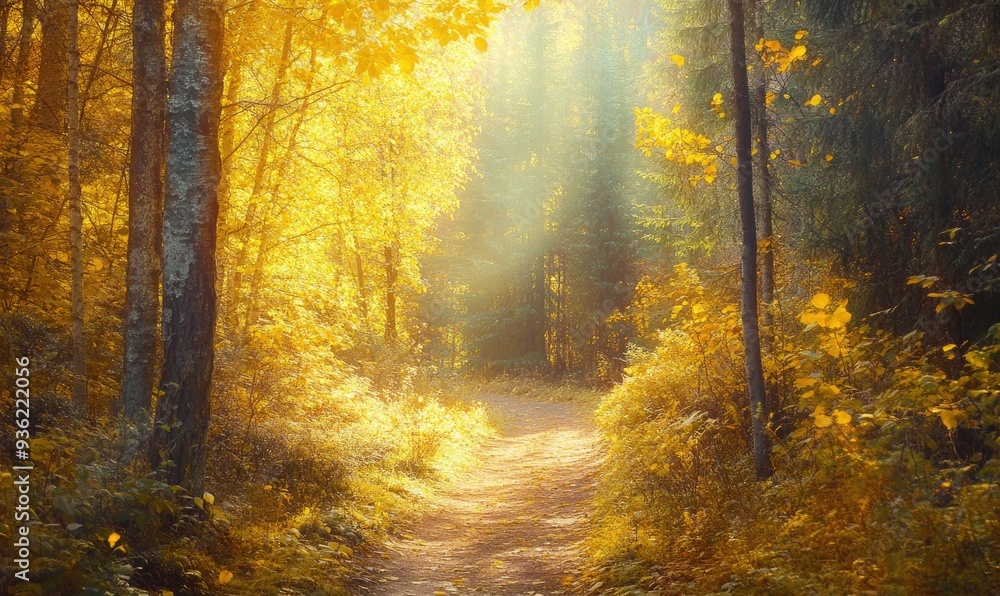 Tranquil autumn view, forest, winding trail, golden leaves Tranquil autumn view, forest, winding trail, golden leaves