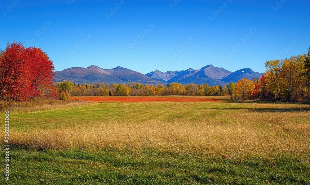 Fototapeta premium Tranquil autumn view, open field, colorful trees, distant mountains