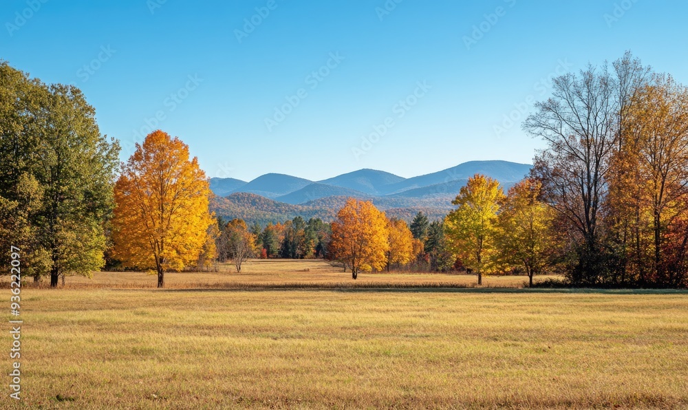 Naklejka premium Tranquil autumn view, open field, colorful trees, distant mountains