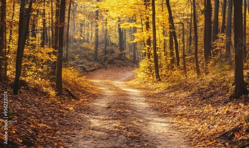 Tranquil autumn view, forest, winding trail, golden leaves