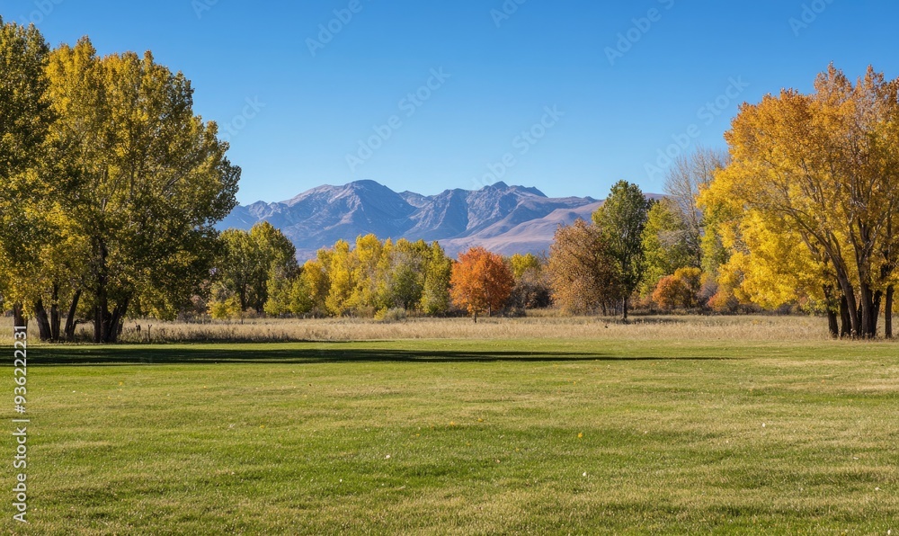 Tranquil fall landscape, open field, colorful trees Tranquil fall landscape, open field, colorful trees