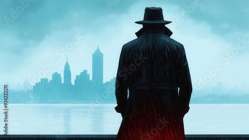 Private investigator in a rain-soaked trench coat, standing at the edge of a pier with a city skyline in the background, digital illustration, introspective noir moment
