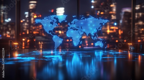 Wallpaper Mural Multi exposure of table with computer and world map hologram. International data network concept Torontodigital.ca