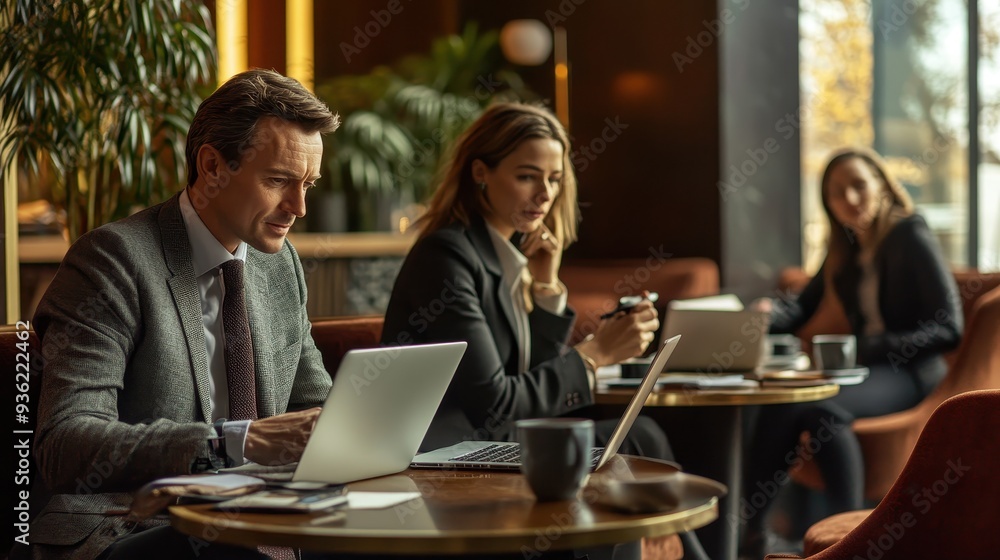 Three business professionals discuss ideas and review documents over laptops in a stylish cafe setting Three business professionals discuss ideas and review documents over laptops in a stylish cafe setting