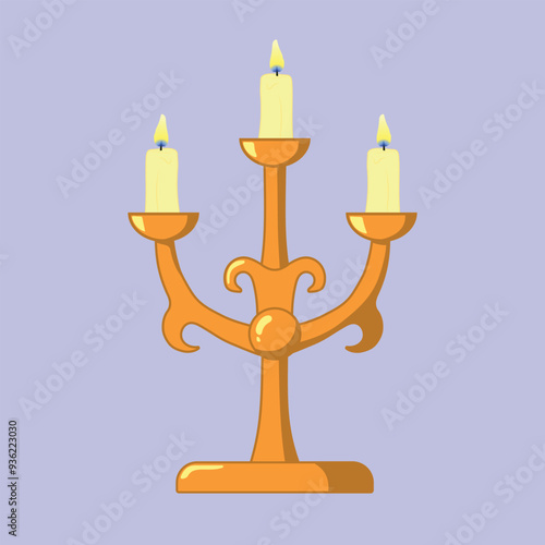Vintage candlestick with golden color, lighting, and shade, with three candle lights on.