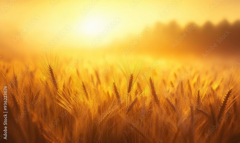 Wheat field at dawn, soft light, golden hues, misty horizon Wheat field at dawn, soft light, golden hues, misty horizon