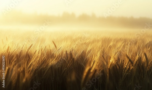 Wheat field at dawn, soft light, golden hues, misty horizon