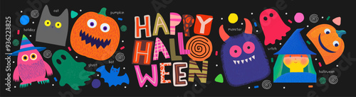 Happy Halloween. Vector cute childish naive illustrations of characters, pumpkin, black cat, funny monster, ghost, witch, logo for greeting card, sticker, icon or sign