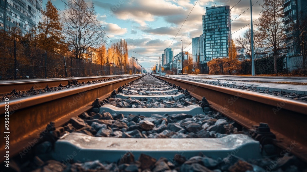 Fototapeta premium perspective of railway track forward to building in city