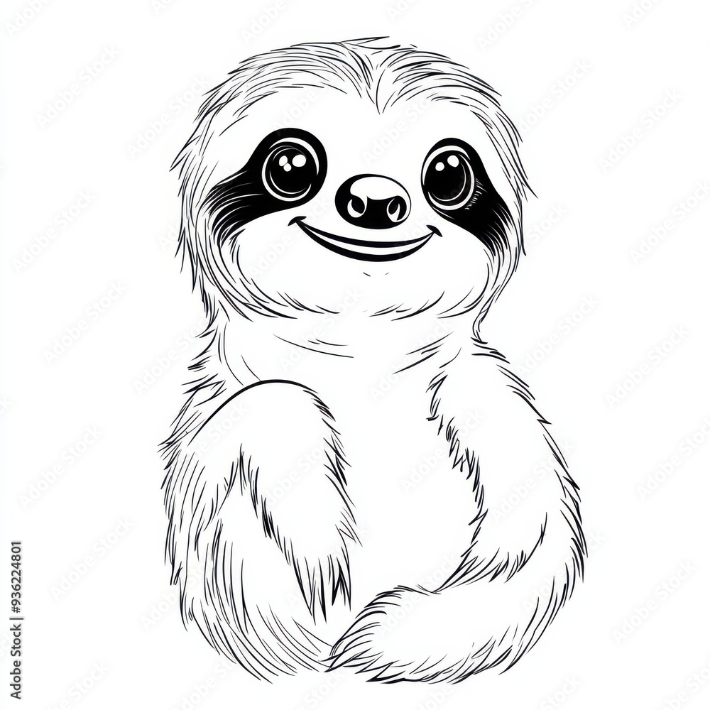 Fototapeta premium Outline illustration of a black and white sloth for drawing and coloring on white background