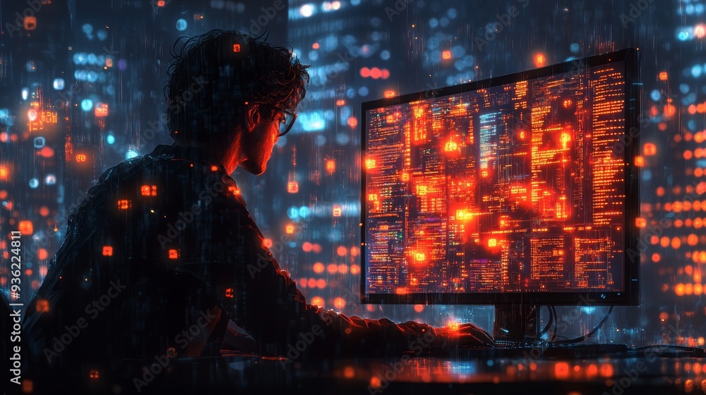 A computer in front of a man, data is projected on the screen, his face is not visible. A computer in front of a man, data is projected on the screen, his face is not visible.