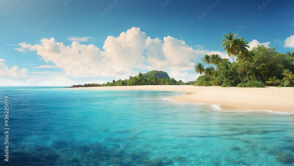 Sandy tropical beach with an island in the background Sandy tropical beach with an island in the background