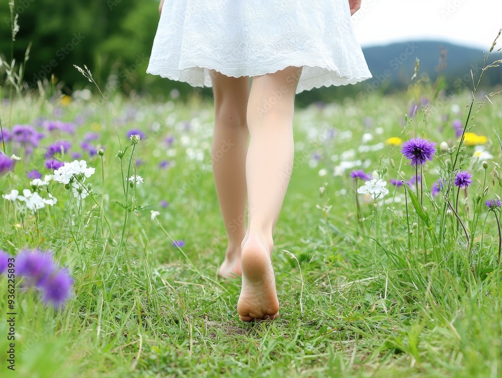Person walking barefoot through a meadow filled with wildflowers Person walking barefoot through a meadow filled with wildflowers
