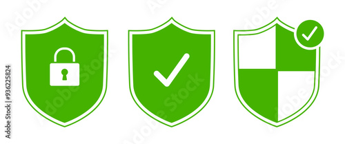 Green Security Check Mark Vector Icons set, Safety Shield, Protection symbol, Proof and Guarantee Graphic elements for Business and Web illusteration photo