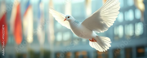 A peace dove flying over the UN headquarters on UN Charter Day, symbolizing the UN s commitment to maintaining peace and security worldwide