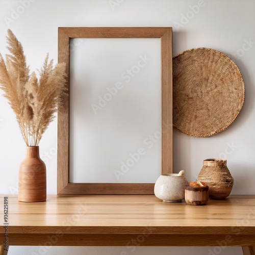 Mock up frame in home interior background, white room with natural wooden table and decor, 3d render
