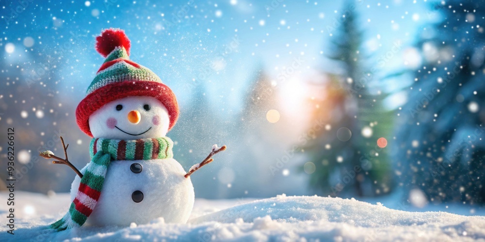 Happy snowman in winter scenery, snow, winter, happy, snowman, cold, frosty, Christmas, holidays, hat, scarf, carrot nose, white Happy snowman in winter scenery, snow, winter, happy, snowman, cold, frosty, Christmas, holidays, hat, scarf, carrot nose, white