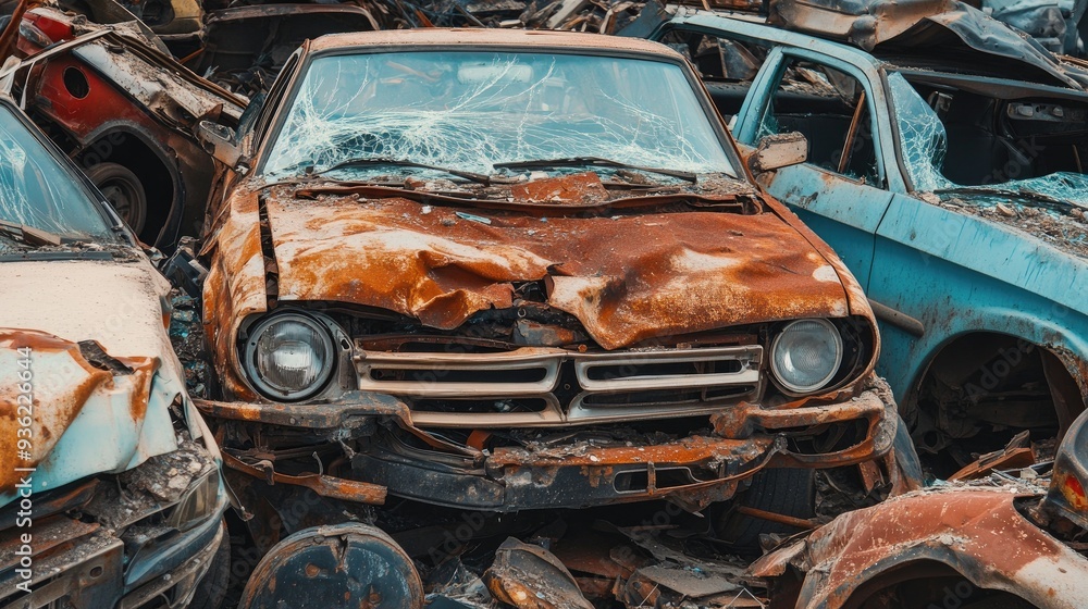Pile of broken cars in a scrapyard, with rusted metal and shattered windows, emphasizing the end of vehicle life cycles. Pile of broken cars in a scrapyard, with rusted metal and shattered windows, emphasizing the end of vehicle life cycles.