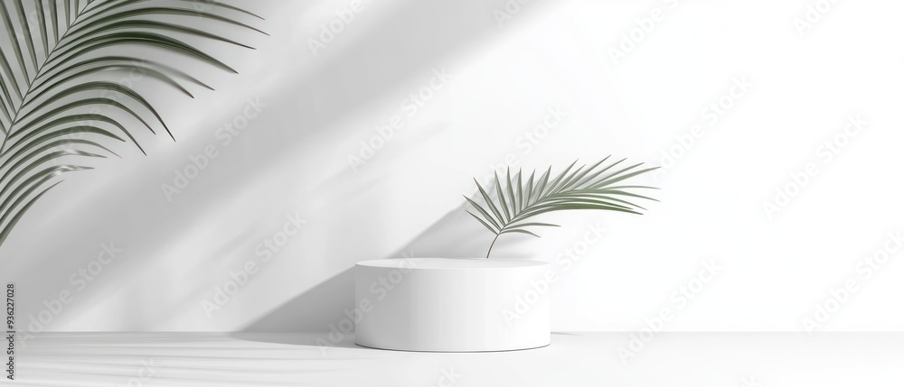 Abstract white 3D room with realistic white cylinder pedestal podium set and palm leaf shadow overlay. Minimal scene for product display presentation. Vector geometric platform. Stage for showcase Abstract white 3D room with realistic white cylinder pedestal podium set and palm leaf shadow overlay. Minimal scene for product display presentation. Vector geometric platform. Stage for showcase
