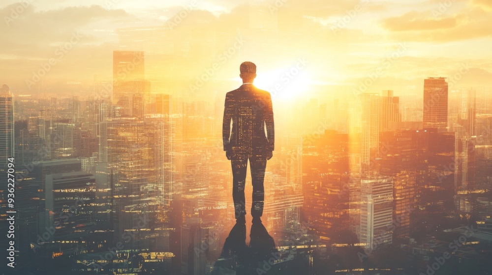 The double exposure image of the business man standing back during sunrise overlay with cityscape image. The concept of modern life, business, city life and internet of things The double exposure image of the business man standing back during sunrise overlay with cityscape image. The concept of modern life, business, city life and internet of things