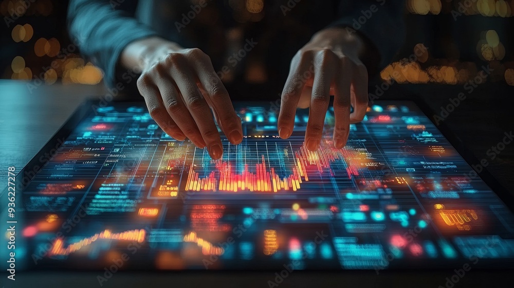 Business data and graphs are projected in front of the person working with them. Business data and graphs are projected in front of the person working with them.