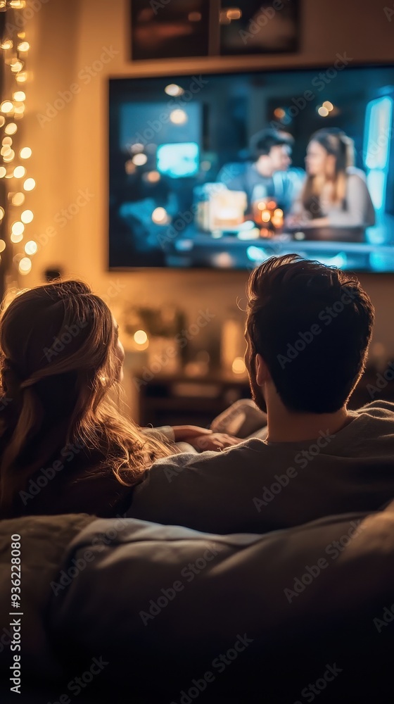 A couple relaxes on the couch while streaming a show at home, surrounded by ambient lights creating a warm atmosphere A couple relaxes on the couch while streaming a show at home, surrounded by ambient lights creating a warm atmosphere
