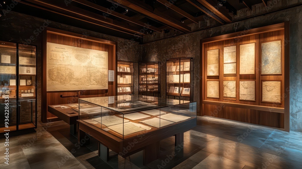 A dimly lit room with antique paintings and a wooden platform in the center. A dimly lit room with antique paintings and a wooden platform in the center.