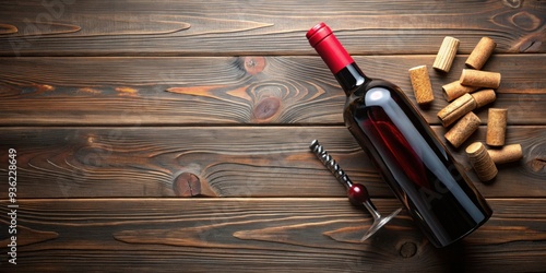 Elegant photo of red wine bottle, corks, corkscrew on dark wooden background with natural light , red wine, glass