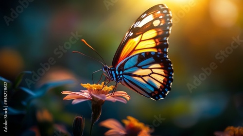 A stunning macro photograph captures a butterfly hovering above a flower, bathed in a play of light and shadow. The vibrant colors and intricate details make it a captivating piece of art. photo