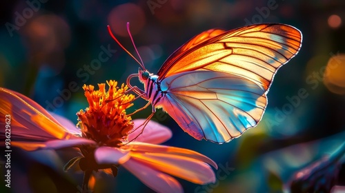 A stunning macro photograph captures a butterfly hovering above a flower, bathed in a play of light and shadow. The vibrant colors and intricate details make it a captivating piece of art. photo