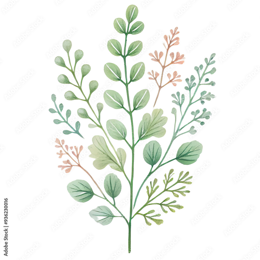 Vector illustration of a botanical arrangement featuring various green and pink plants, perfect for nature-themed designs and projects. Vector illustration of a botanical arrangement featuring various green and pink plants, perfect for nature-themed designs and projects.