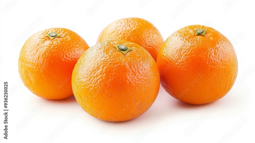 Four ripe oranges, with a textured skin and a bright orange color, are arranged in a group on a white background. Four ripe oranges, with a textured skin and a bright orange color, are arranged in a group on a white background.