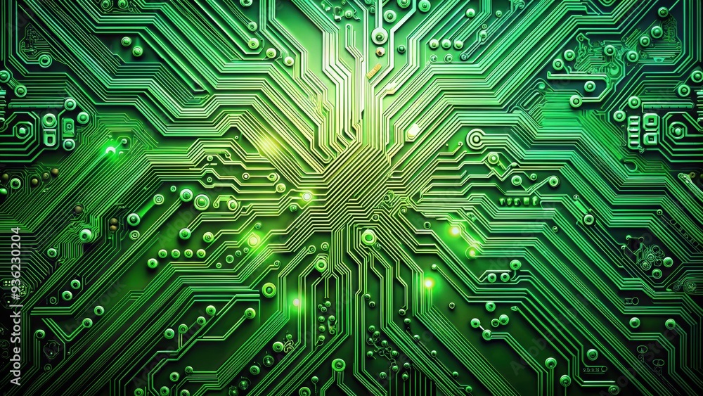 Green high tech circuit board with intricate patterns and design, technology, electronics, innovation, computer Green high tech circuit board with intricate patterns and design, technology, electronics, innovation, computer