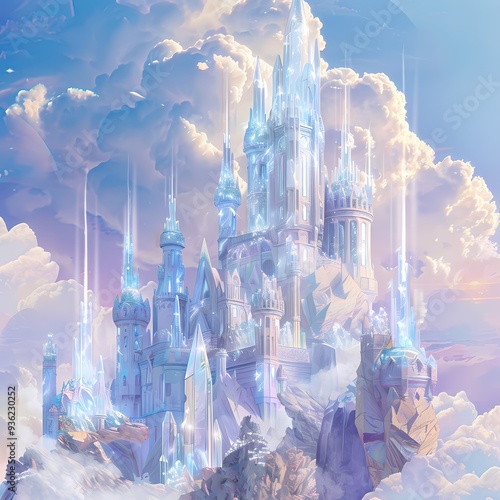 A mystical castle in the clouds surrounded by ethereal crystal towers in a dreamy fantasy realm.