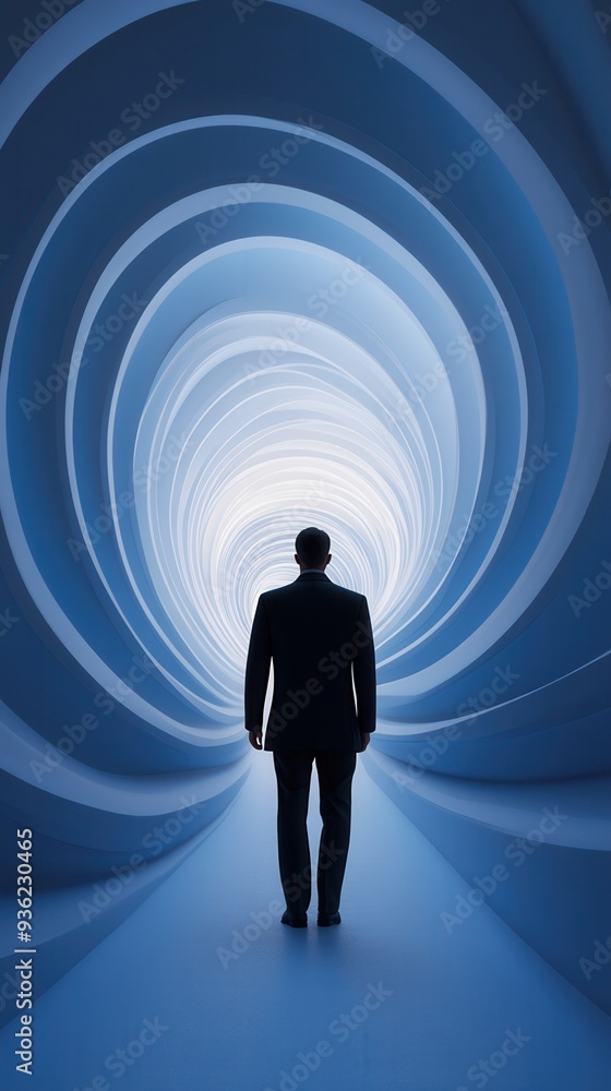 Fototapeta premium Silhouette of a man in a suit walking into a futuristic, swirling blue tunnel, symbolizing concept of unknown journey or adventure.