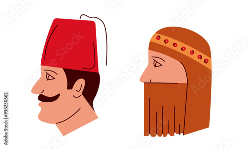 Oriental people. Turkish man in fez cap. Middle east woman closed face. Arab Avatars. Muslim ancient people. Vector illustration
