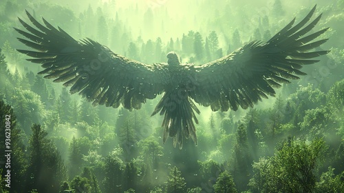 Majestic Eagle Soaring Over Misty Forest photo