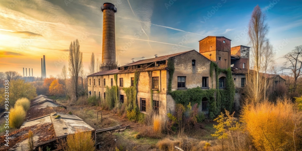 Obraz premium Abandoned industrial facility with rusty chimney stands amidst overgrown vegetation, showcasing urban decay and neglect in a forgotten corner of Parma, Italy, on a winter morning.
