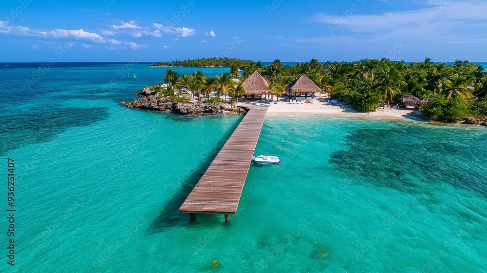 Island resort with a pier extending into the turquoise ocean, perfect for a stroll. Island resort with a pier extending into the turquoise ocean, perfect for a stroll.
